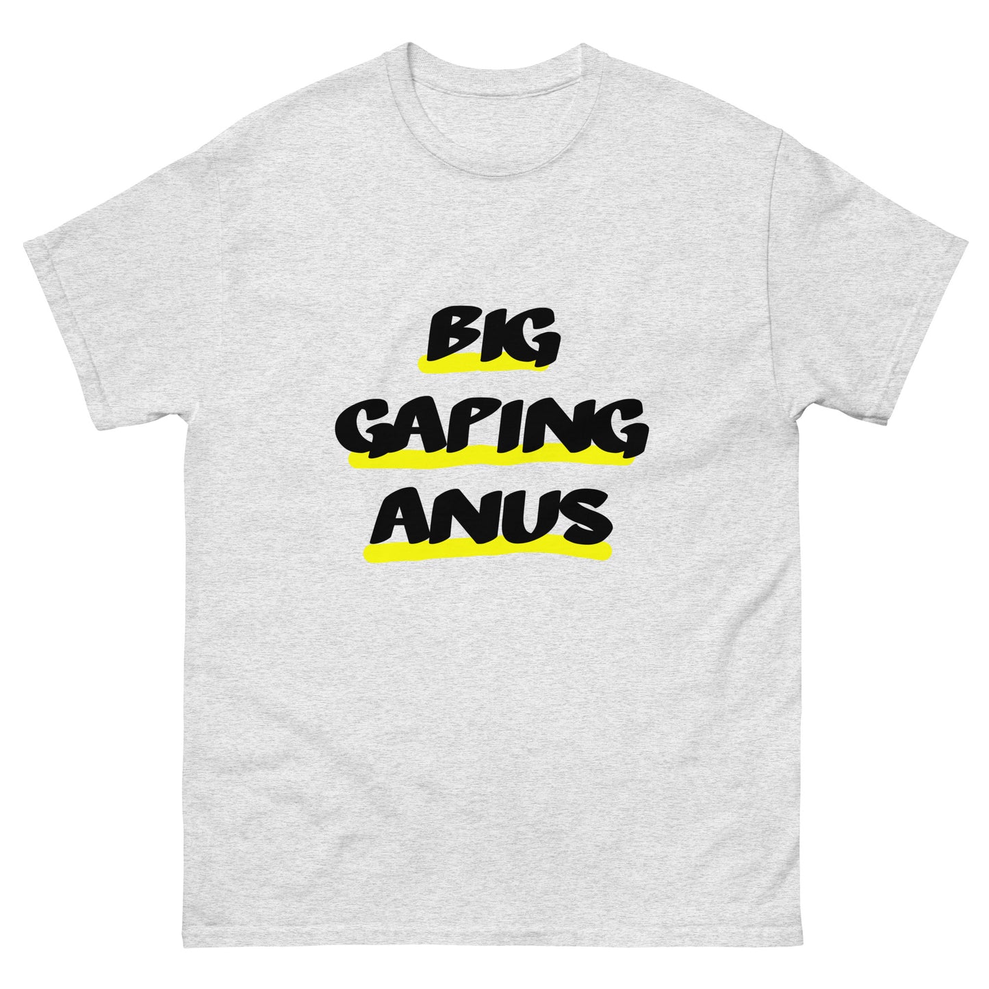 Grey Ugly Airport brand T-shirt with the graphic slogan 'big Gaping Anus' on the front.