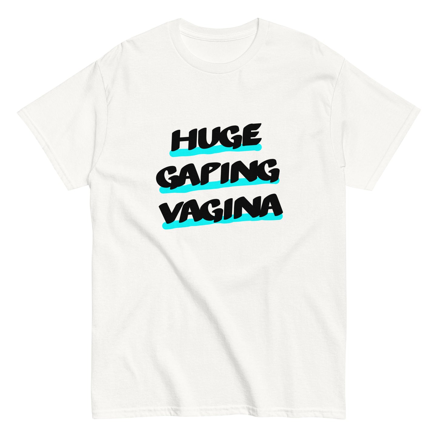 White Ugly Airport Brand T-shirt with the graphic slogan HUGE GAPING VAGINA on the front