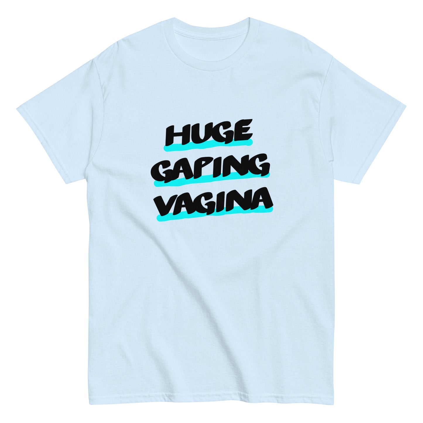 Blue ugly airport t-shirt with the graphic slogan 'huge Gaping Vagina' on the front