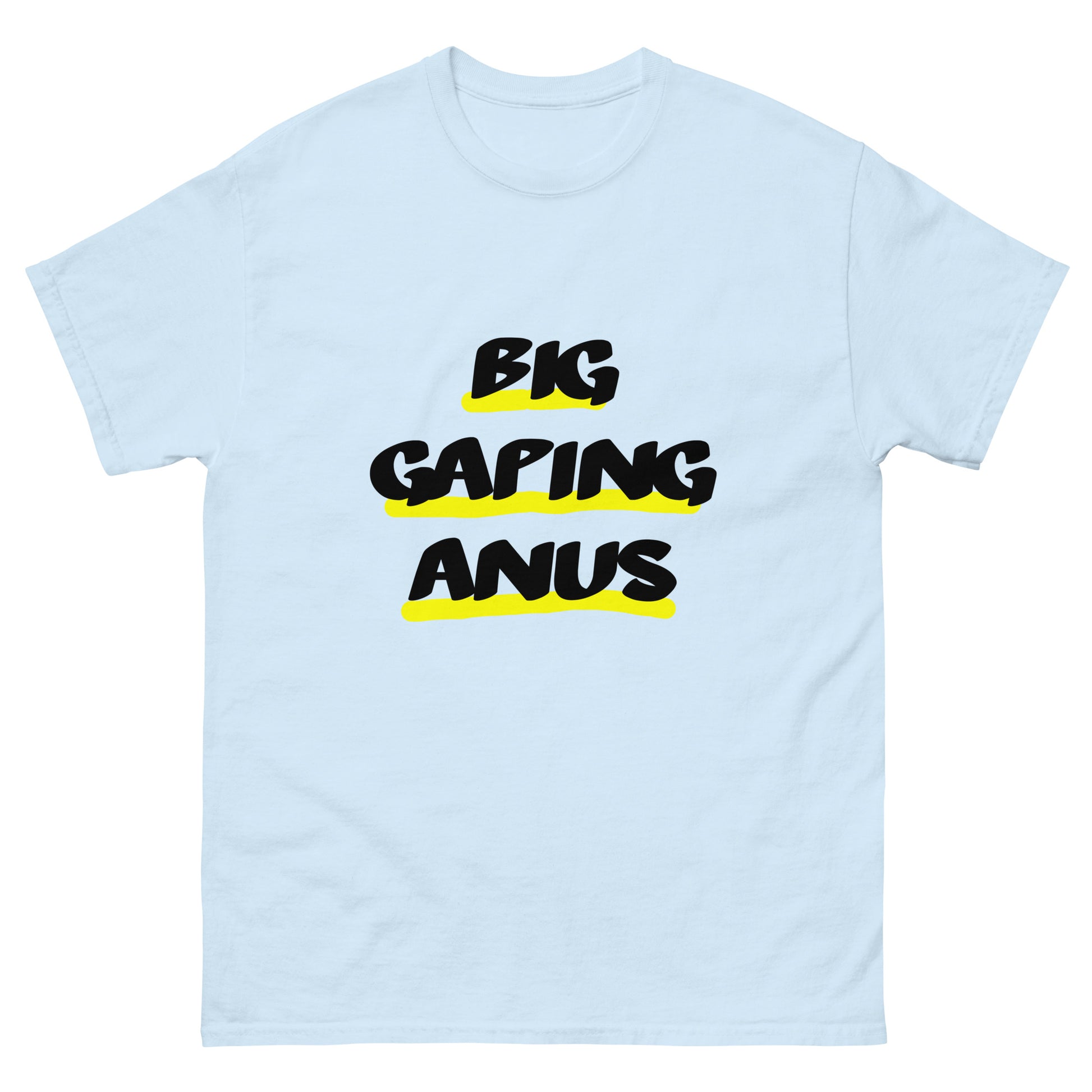 Blue Ugly Airport brand T-shirt with the graphic printed slogan 'Big gaping Anus' on the front