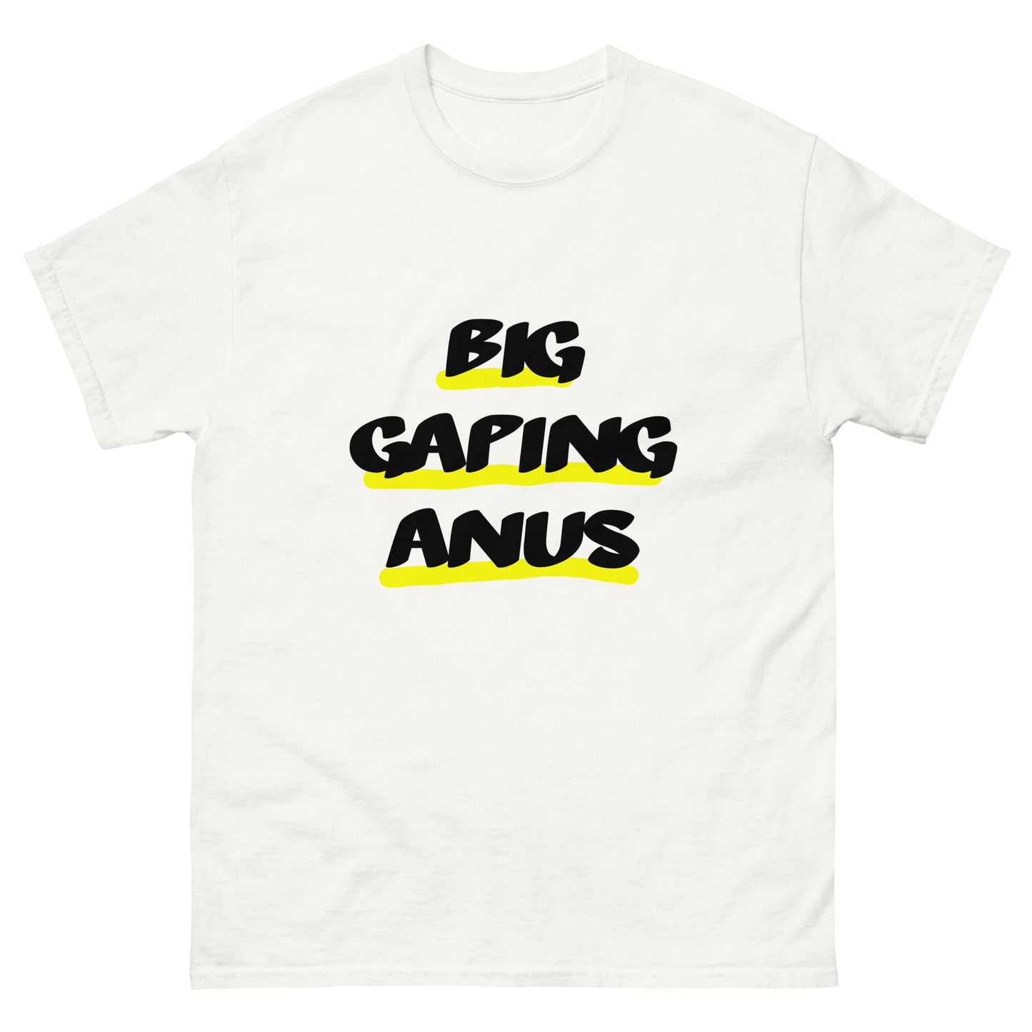 White ugly airport brand T-shirt with the graphic printed slogan 'Big Gaping Anus' on the front. 