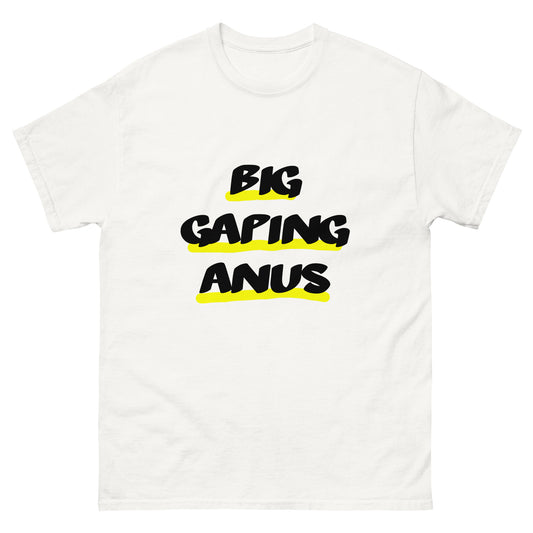 White ugly airport brand T-shirt with the graphic printed slogan 'Big Gaping Anus' on the front. 