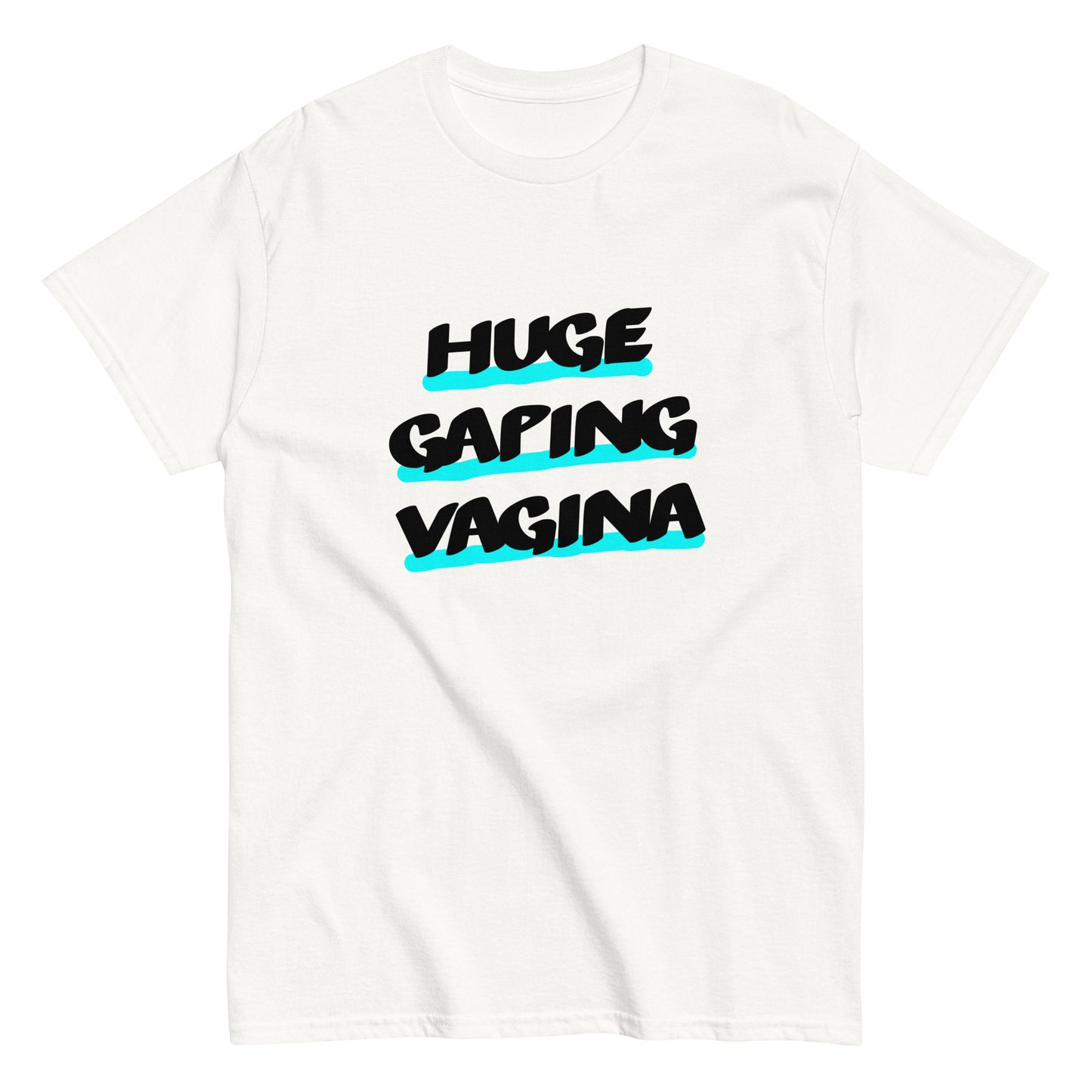 White Ugly Airport Brand T-shirt with the graphic slogan HUGE GAPING VAGINA on the front 