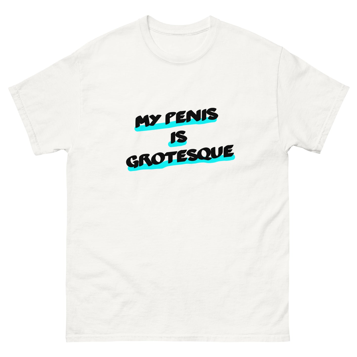 White graphic ugly Airport T-shirt with the slogan 'my penis is grotesque' on the front