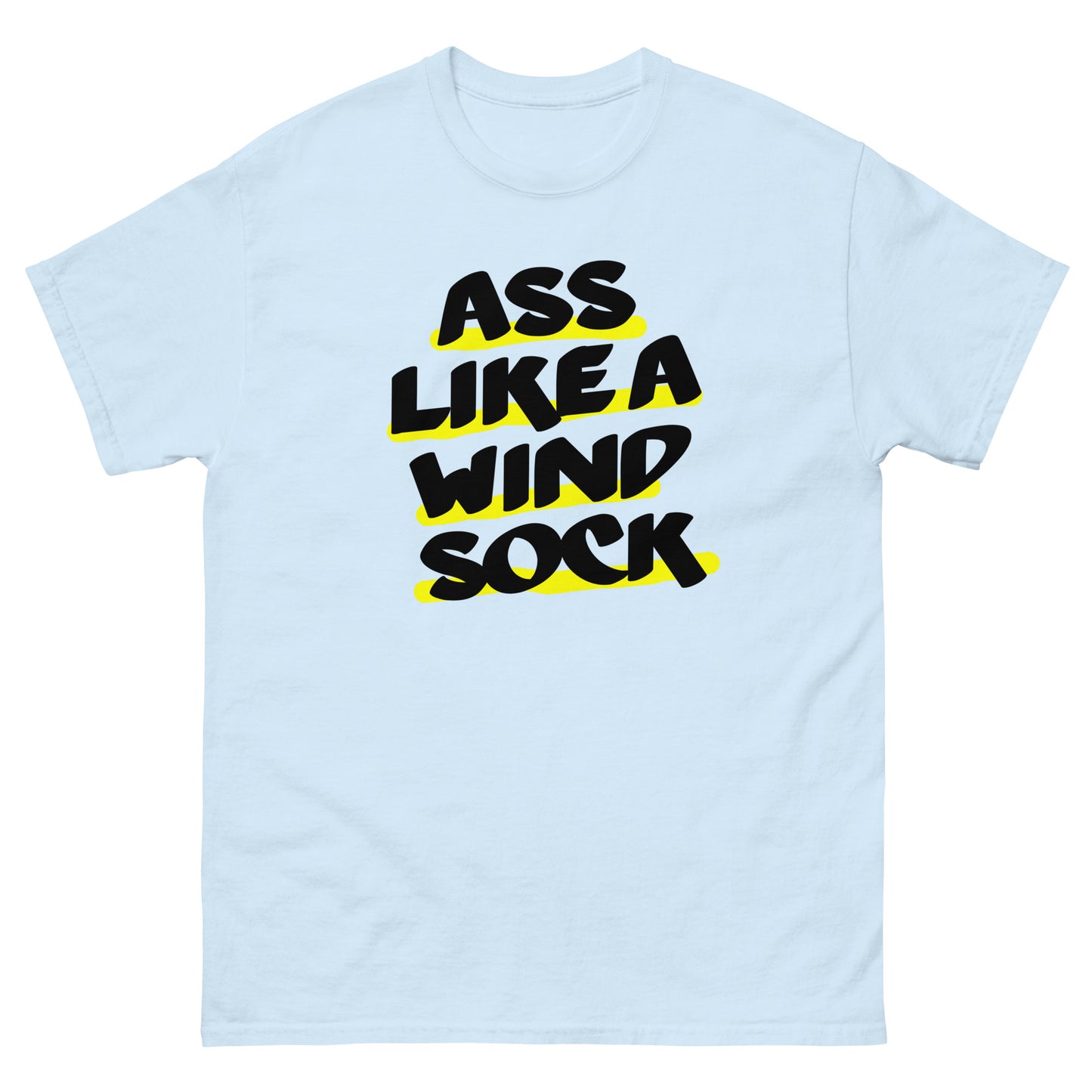 blue Ugly Airport t-shirt with the slogan 'Ass like a windsock' on the front 