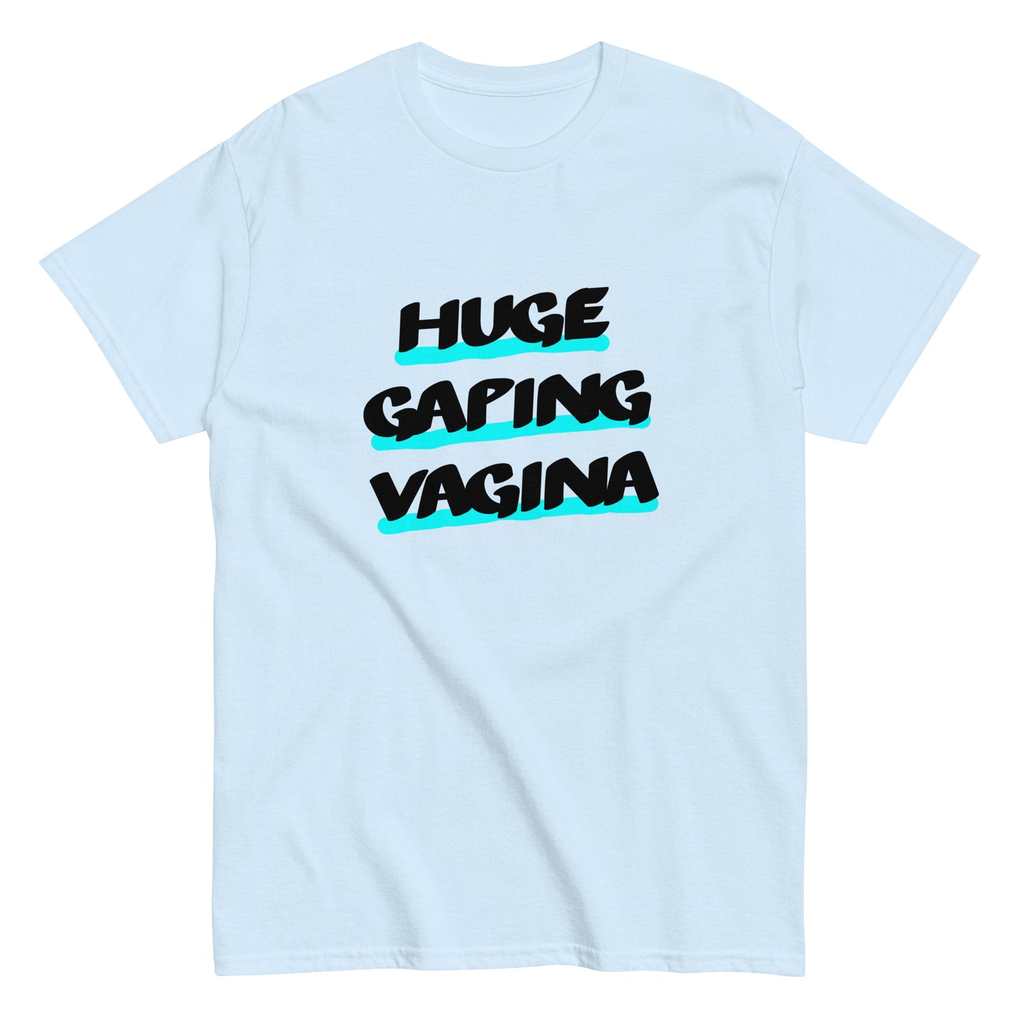 Blue ugly airport t-shirt with the graphic slogan 'huge Gaping Vagina' on the front 